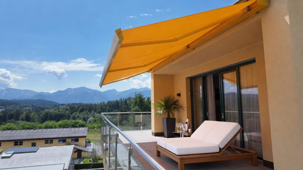 Hotel Markise in Sonderfarbe Velden am Wörthersee mit Windsensor für zusätzlichen schutz